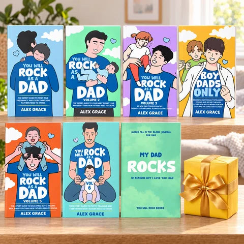 Dad Volumes 1–6 and My Dad Rocks! beside a yellow gift box