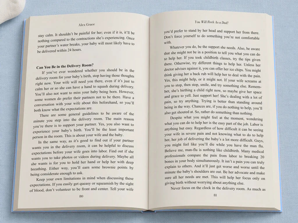 Dad Volume 1 open to pages 80 and 81, Can You Be in the Delivery Room?