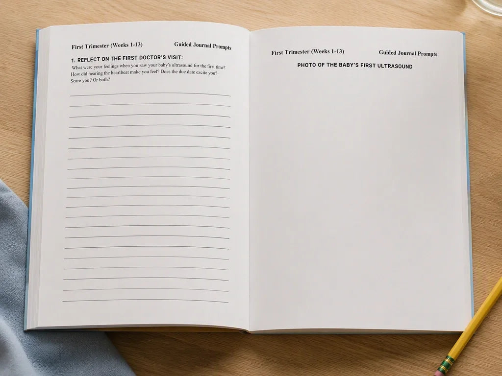 The Dad Guided Journal open to a first trimester prompt