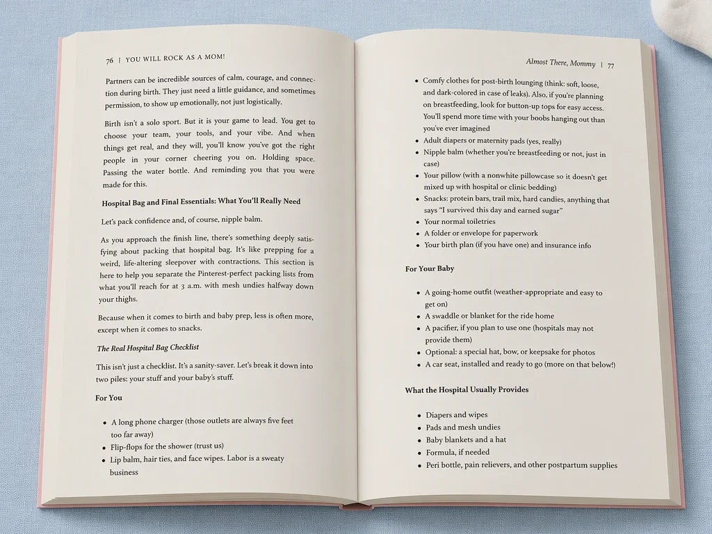 Mom Volume 1 open to pages 76 and 77, the hospital bag checklist