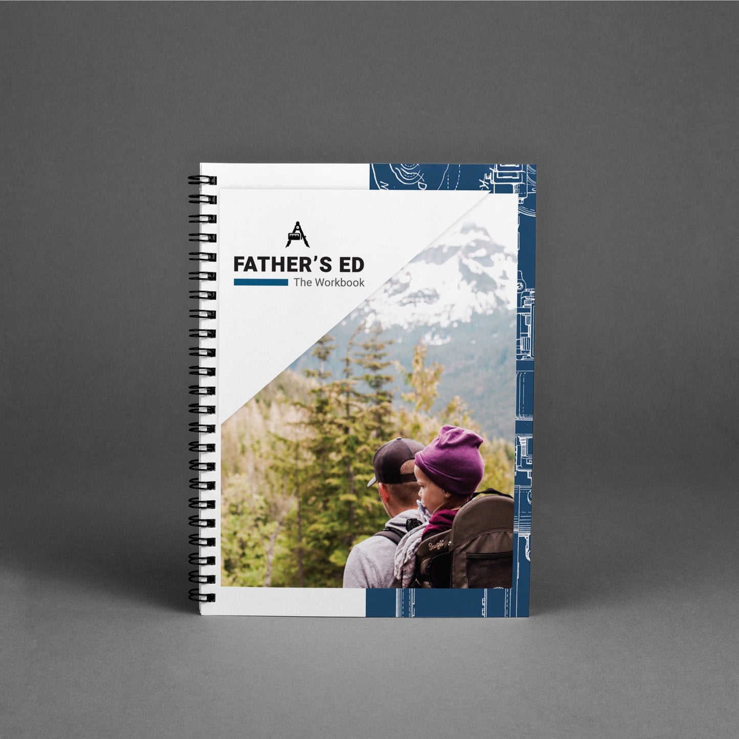 Workbook titled 'Father's Ed' with a cover featuring a mountain and two people on a gray background
