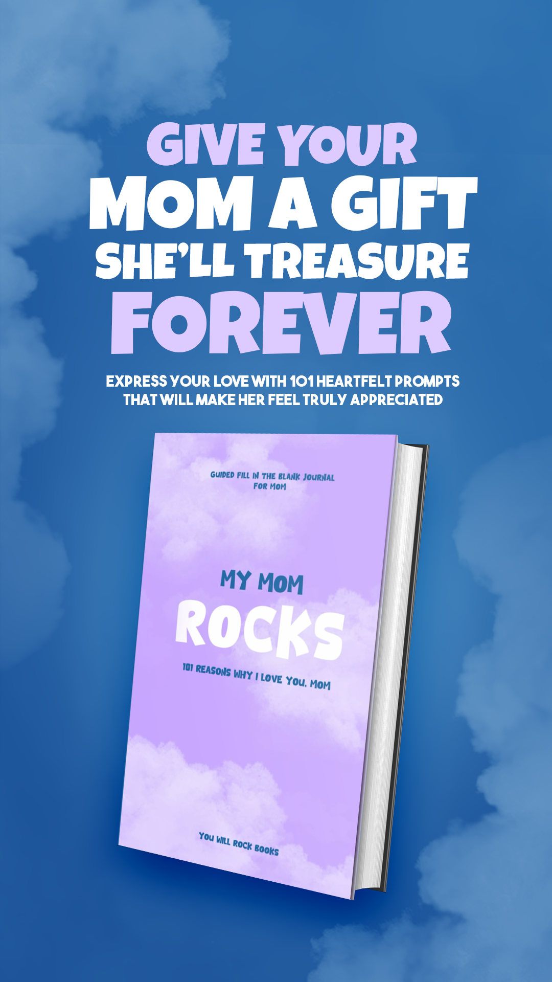 Book cover with text promoting a gift for moms, blue sky background.