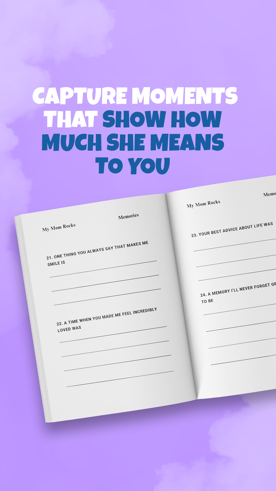 Open book with prompts about memories on a purple background.