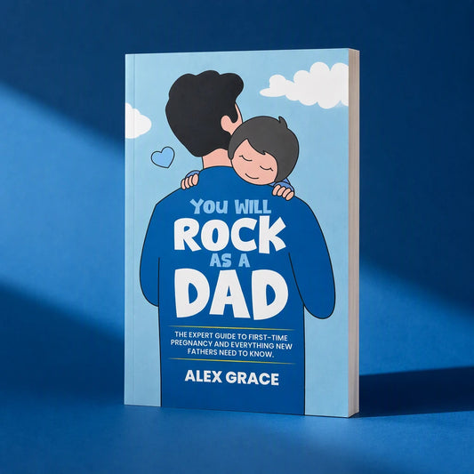 You Will Rock As a Dad! Volume 1 paperback by Alex Grace, photographed on a rich blue background.