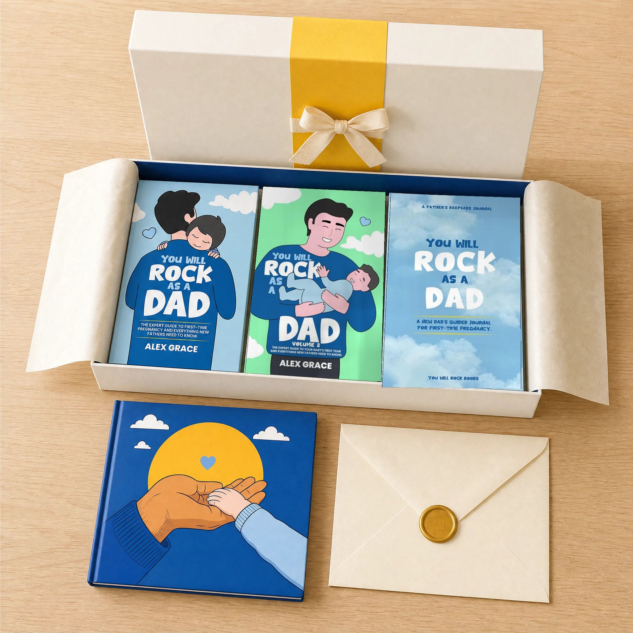 The First Year Box: Dad Volumes 1 and 2, the Dad Guided Journal and the Dad Picture Book in the keepsake box, with a sealed card on top