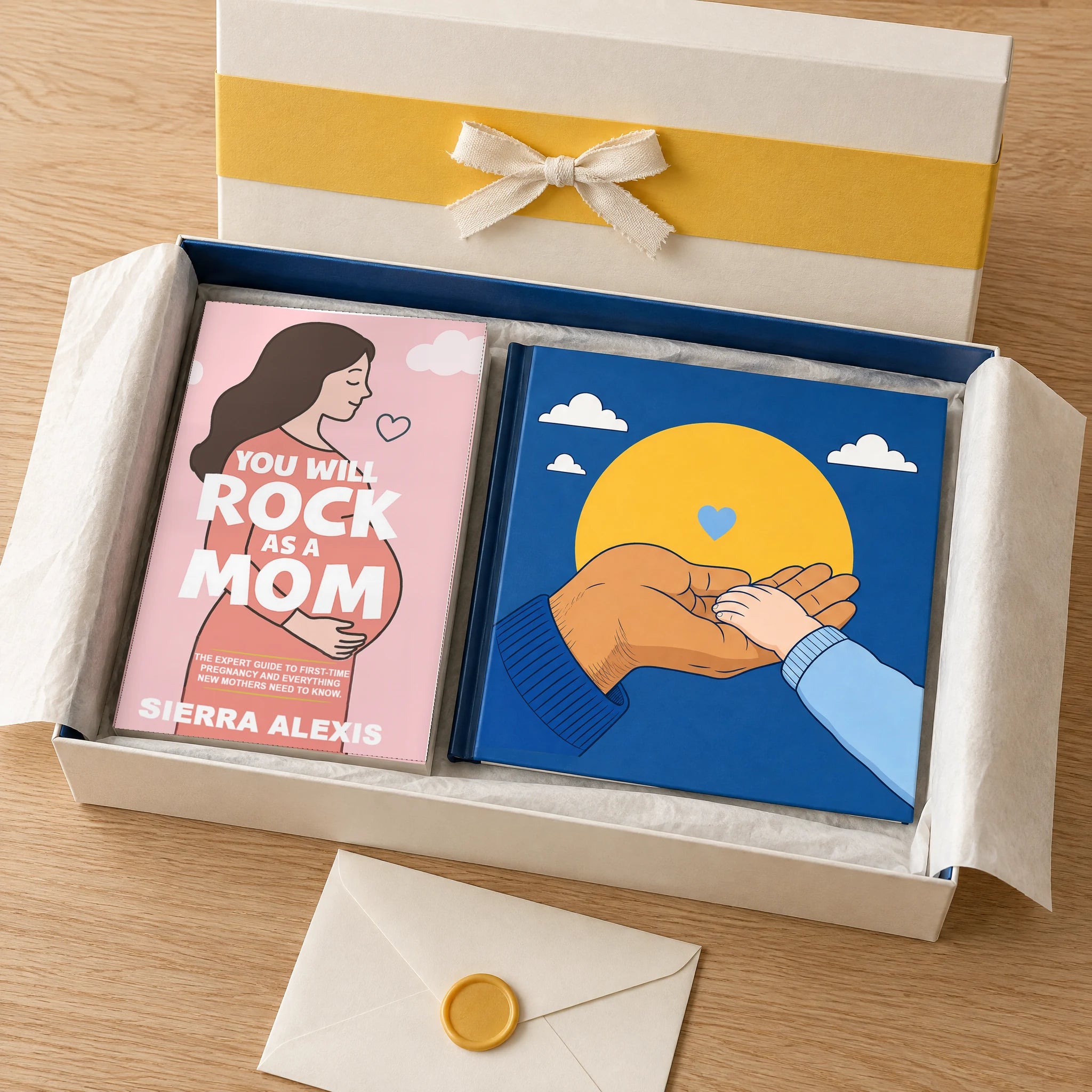 The Keepsake Box: Mom Volume 1 and the Dad Picture Book in the keepsake box, with a sealed card on top