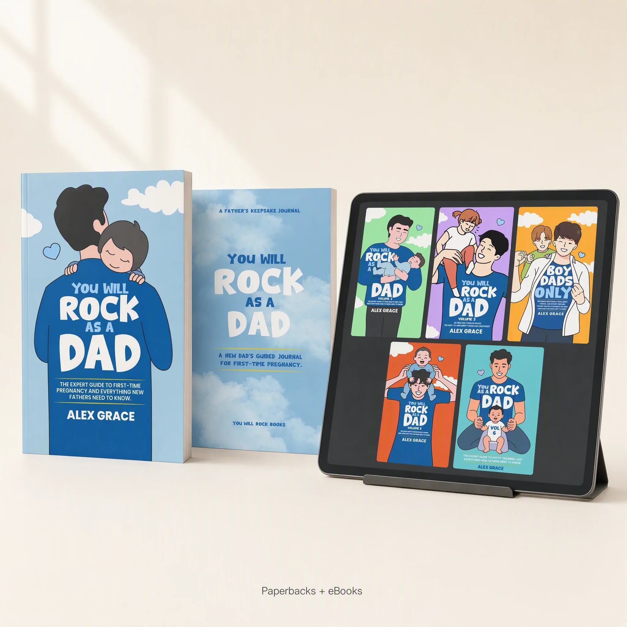 Dad Volume 1 paperback and physical guided journal beside Dad Volumes 2–6 shown as EPUB eBooks on a screen