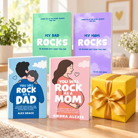 Dad Volume 1, Mom Volume 1 and both keepsake journals beside a yellow gift box