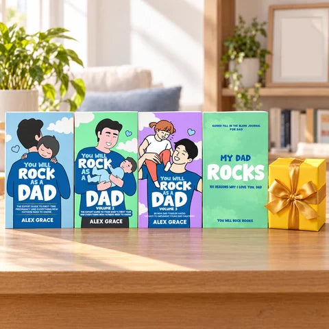 Dad Volumes 1–3 and My Dad Rocks! beside a yellow gift box