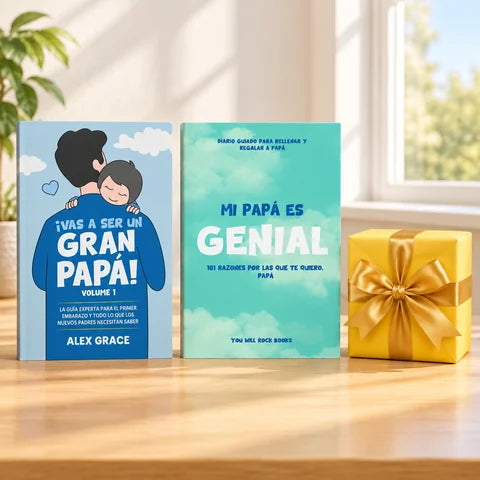 Los dos libros junto a una caja de regalo amarilla
