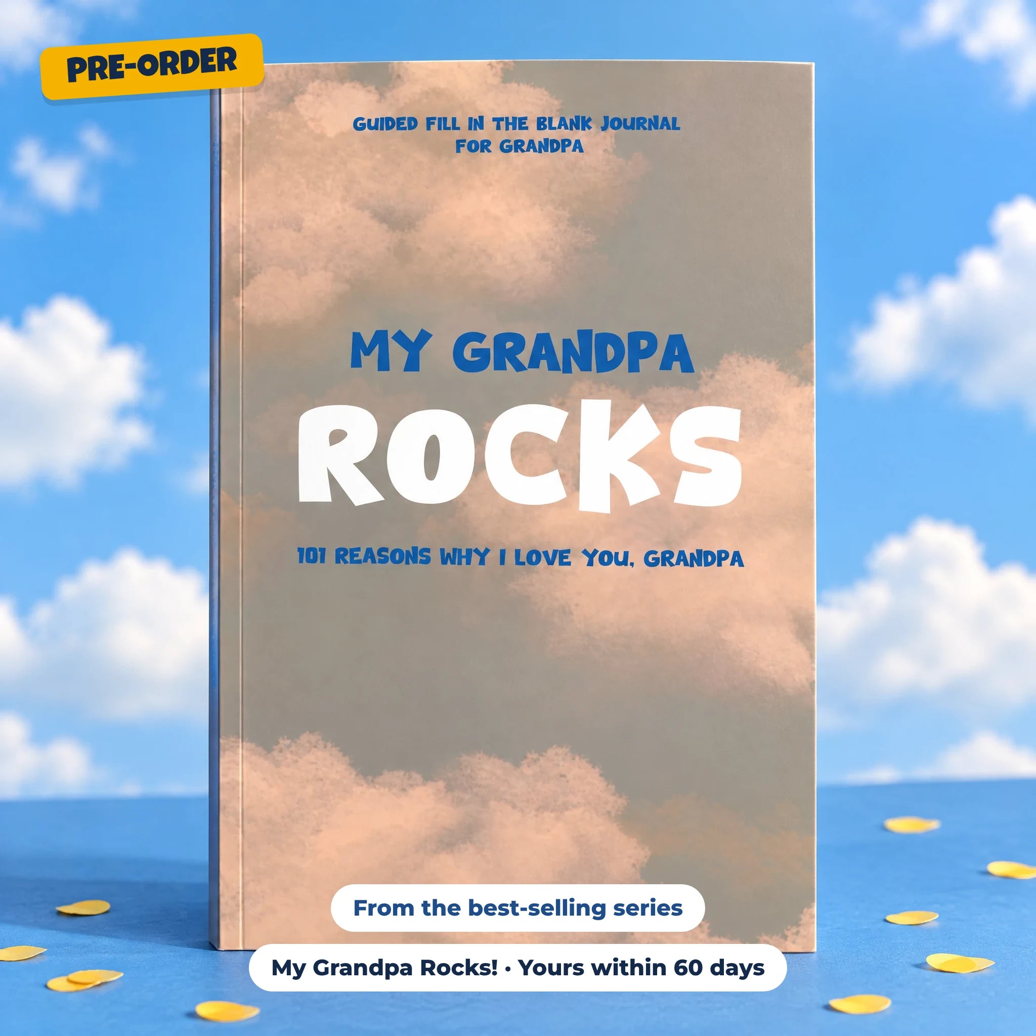 My Grandpa Rocks! paperback with the cloud cover and a PRE-ORDER badge on a blue sky background