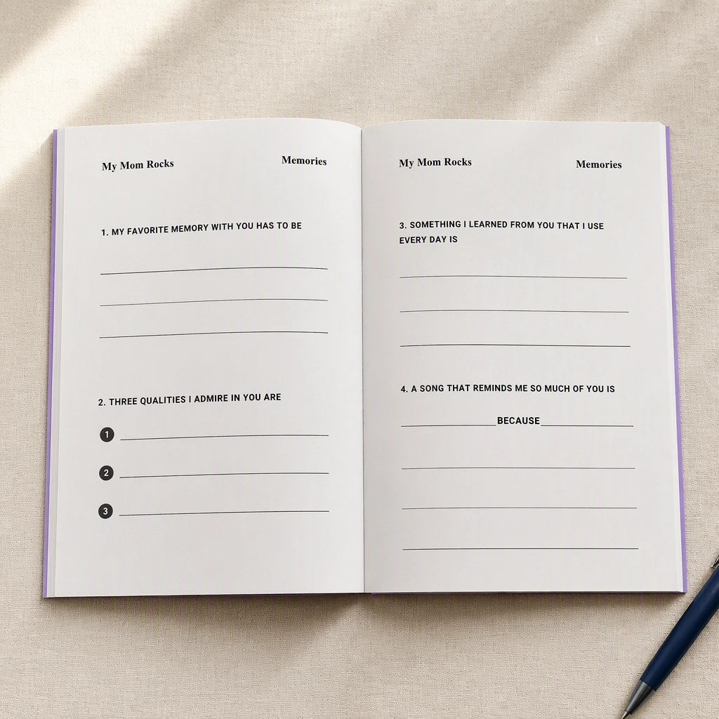 Real My Mom Rocks Memories pages with fill-in prompts