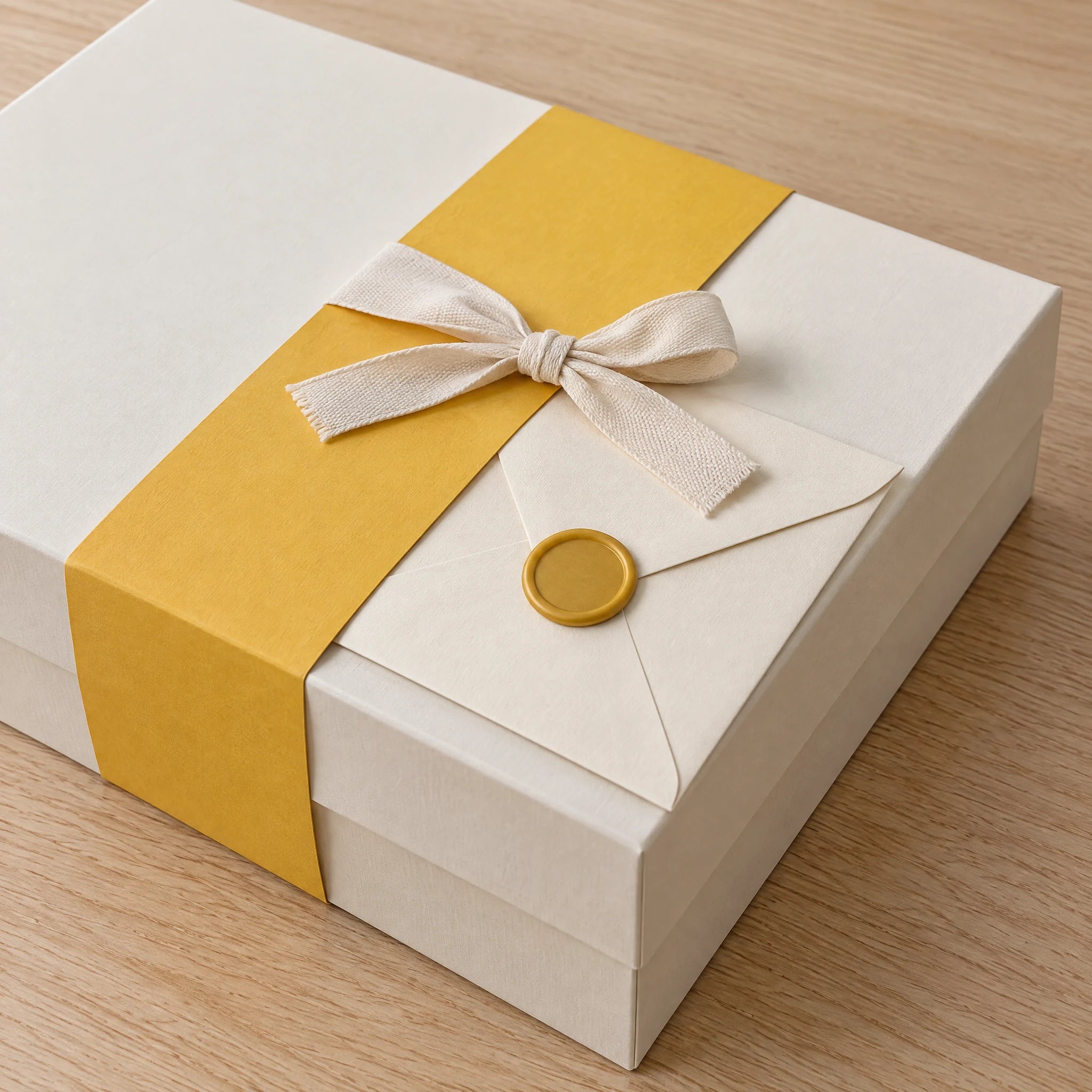 The keepsake box, closed with its ribbon