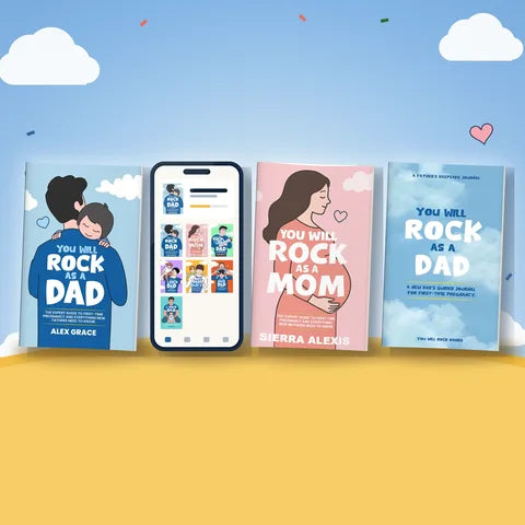 Dad Volume 1, Mom Volume 1 and the journal in print beside a phone showing seven eBooks