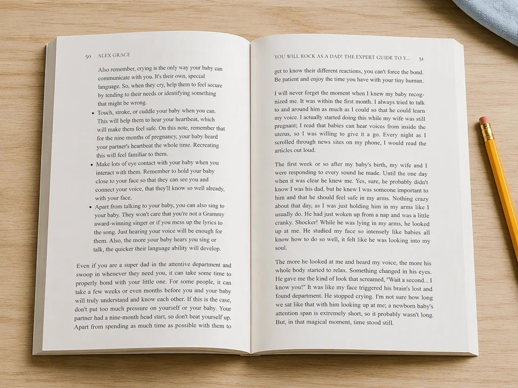 Dad Volume 2 open to pages 50 and 51, on bonding with your baby