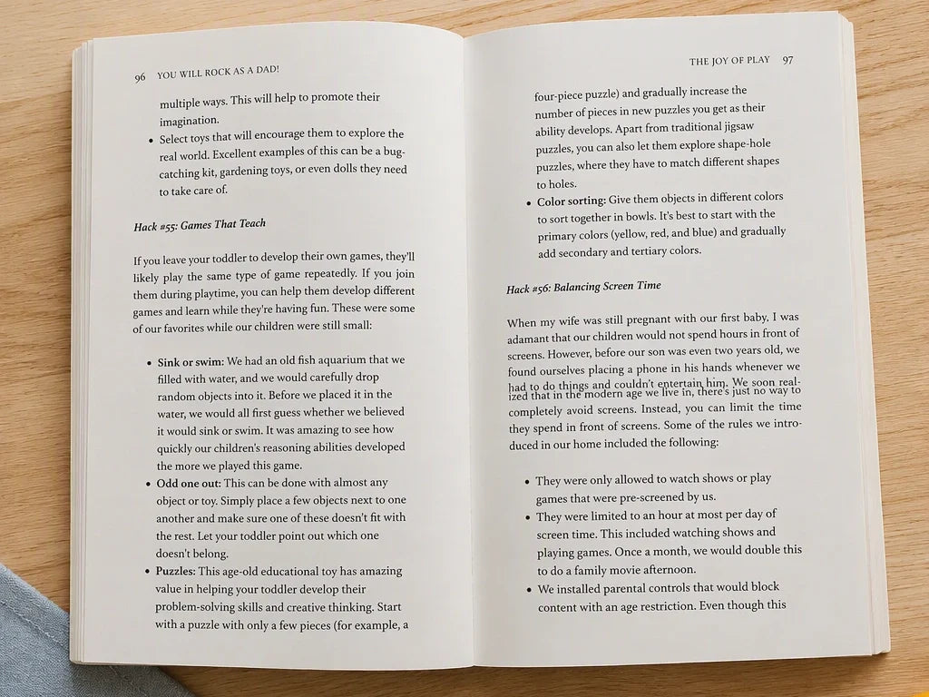 Dad Volume 3 open to pages 96 and 97, games that teach and balancing screen time